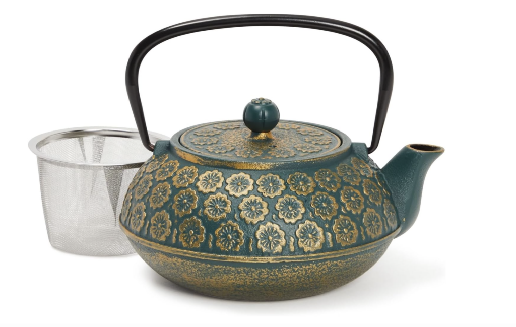 Juvale Green Floral Cast Iron Teapot Kettle with Stainless Steel Loose Leaf Infuser, best cast iron tea pot